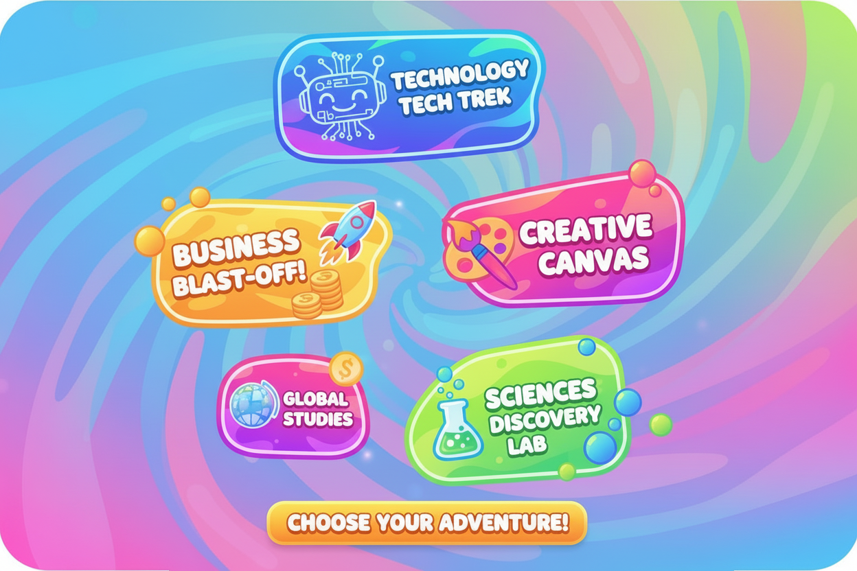 generate a course selection image, in animation and bright colours