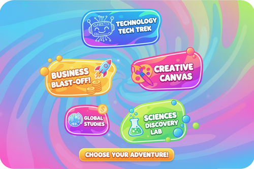 generate a course selection image, in animation and bright colours