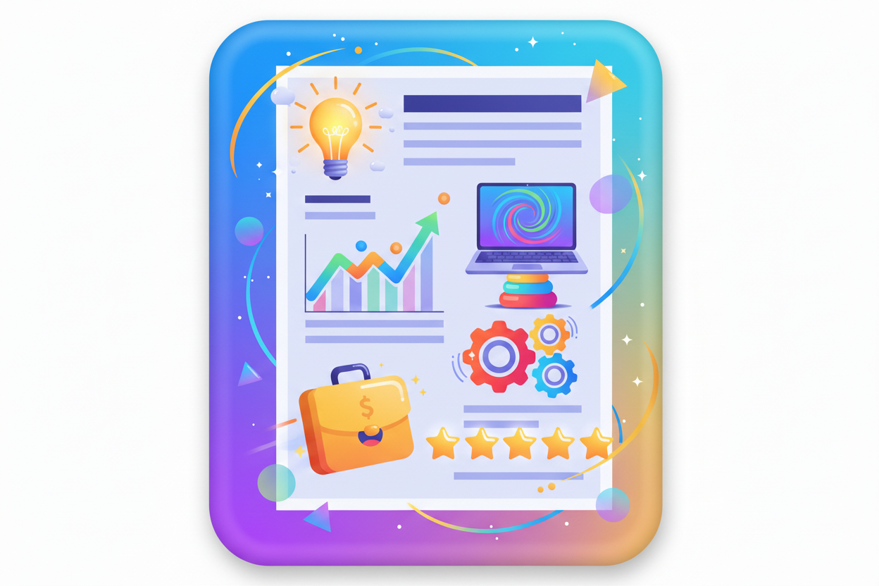 generate an resume image, in animation, no text and bright colours 