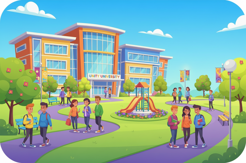 generate university images in animation, and bright colours 